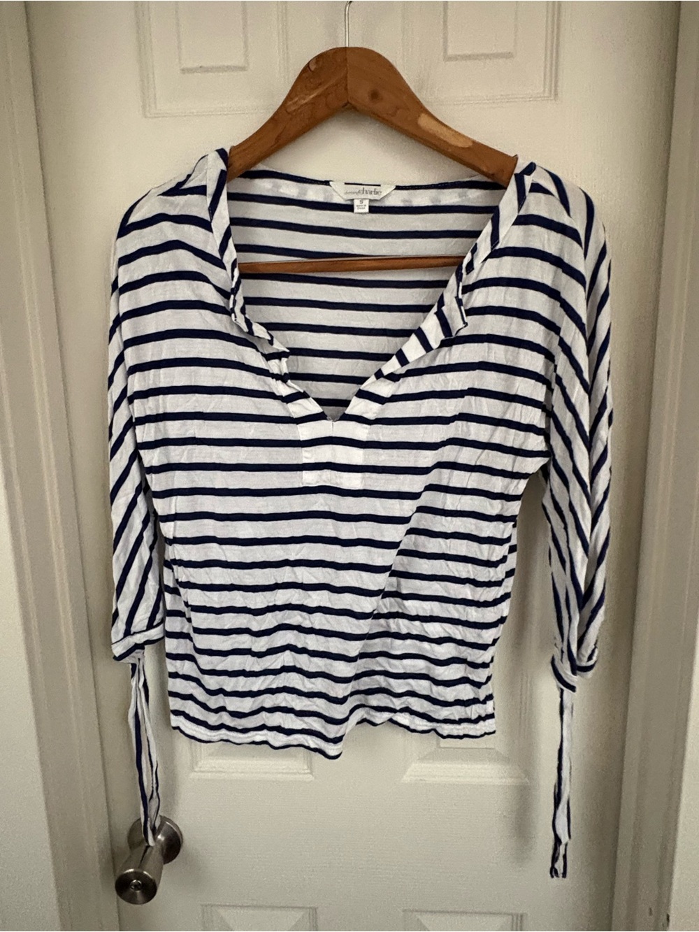Charming Charlie White & Navy Striped V-Neck Tie-Sleeve Tunic